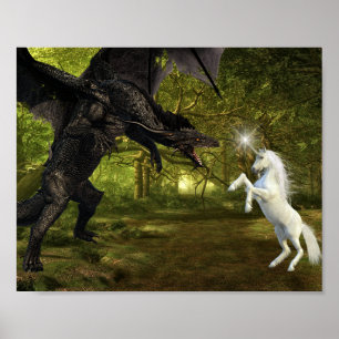 Poster Dragão Escuro VS Unicorn Fantasy Batalha