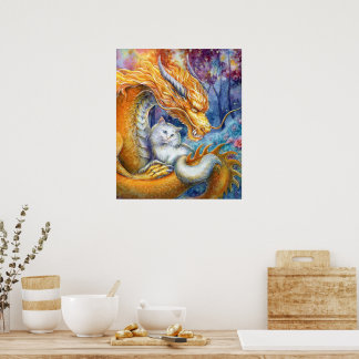 Poster Dragão & Gato Branco na Floresta Aquarela Arte Ref