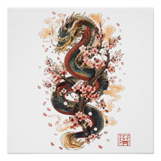 Pôster Dragão Japonês com Flores de Cerejeira | Mito Saku
