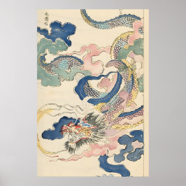 Poster Dragão Japonês Ukiyo-e Arte Impressa Nuvem do Perí