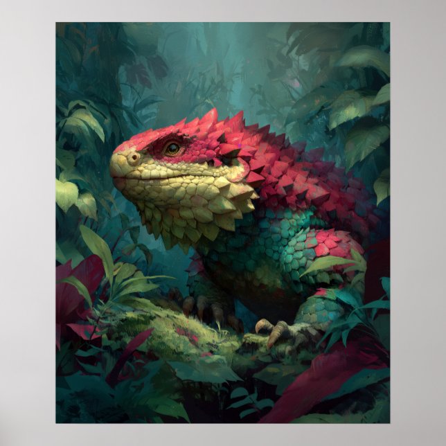 Poster Dragão-lagarto amarelo-verde-vermelho na folhagem  (Frente)