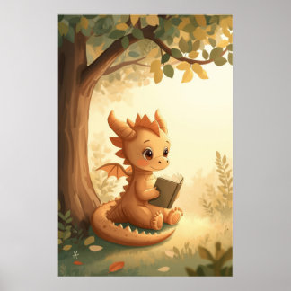 Poster Dragão Lendo Livro de Histórias de Fantasia para C