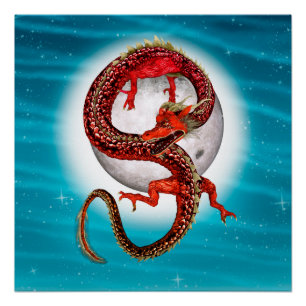 Pôster Dragão Lua Vermelha Arte de Fantasia Celestial