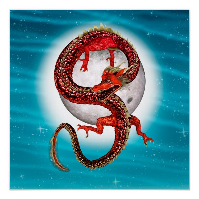 Pôster Dragão Lua Vermelha Arte de Fantasia Celestial (Frente)