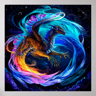 Poster Dragão Majestoso Voando em Meio a Redemoinhos Vibr