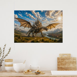 Poster Dragão Mecânico Carregando uma Cidade de Castelo S