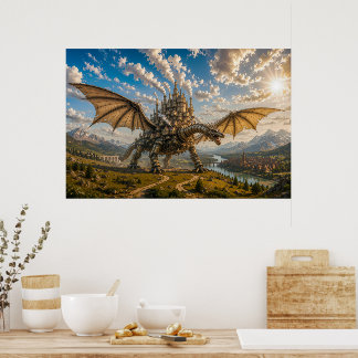 Poster Dragão Mecânico Carregando uma Cidade de Castelo S