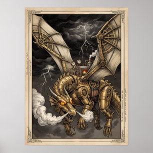 Poster Dragão Mecânico Steampunk Engrenagens de Latão Vit