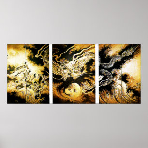 Poster Dragão nas nuvens sobe arte japonesa