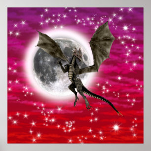 Pôster Dragão Negro - Criatura Fantástica Mítica Céu Verm