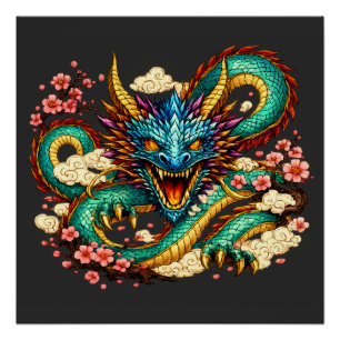 Pôster Dragão Oriental & Arte Fantástica de Flores de Cer