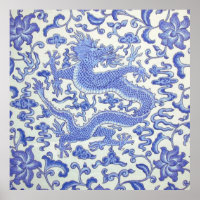 Dragão oriental chinês azul e branco