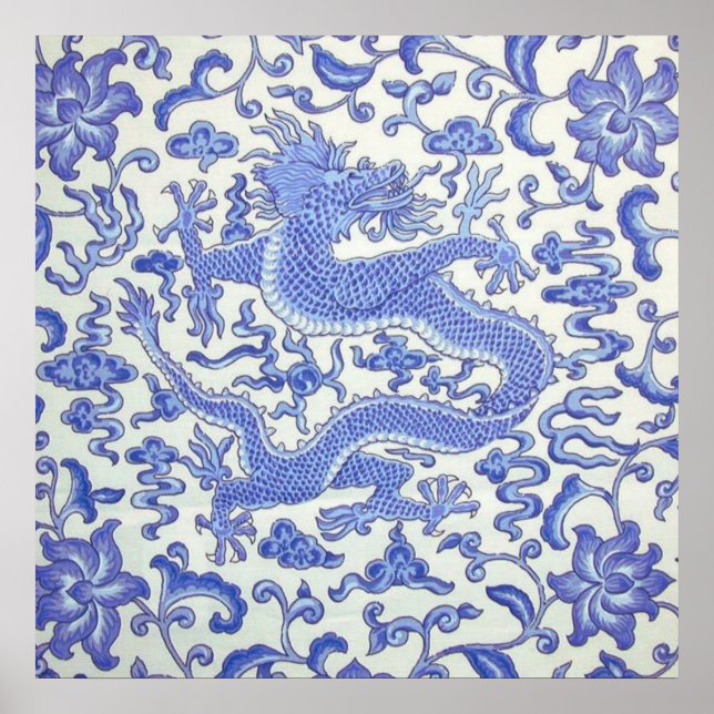 Poster Dragão oriental chinês azul e branco (Frente)