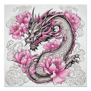 Pôster Dragão Oriental com Flores Rosa Vibrantes