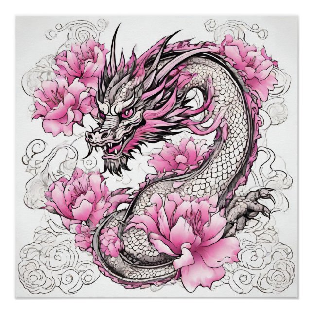 Pôster Dragão Oriental com Flores Rosa Vibrantes (Frente)