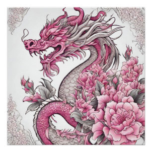 Pôster Dragão Oriental e Flores Rosa