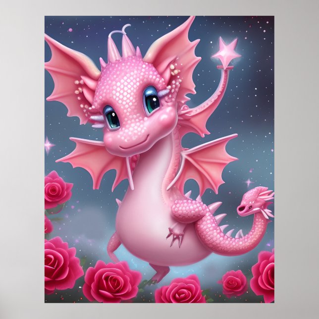 Poster Dragão rosa-claro com flores rosa (Frente)