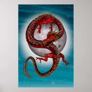 Poster Dragão Vermelho Oriental - Criatura de Fantasia Mí