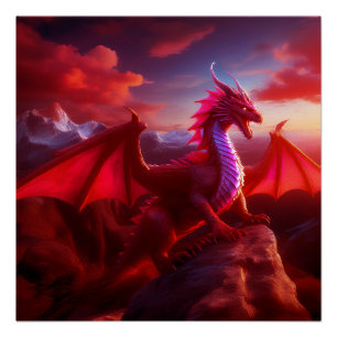 Pôster Dragão Vermelho Perches No Pico Da Montanha Cruzad