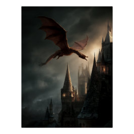 Pôster Dragão Vermelho Sobre Castelo Gótico