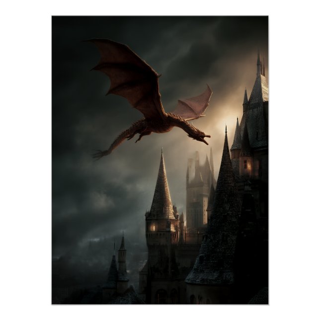 Pôster Dragão Vermelho Sobre Castelo Gótico (Frente)