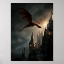 Poster Dragão Vermelho Sobre Castelo Gótico