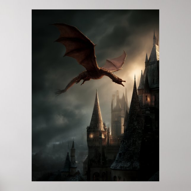 Poster Dragão Vermelho Sobre Castelo Gótico (Frente)