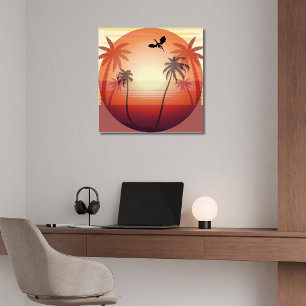 Poster Dragão voando sobre a ilha tropical ao pôr do sol