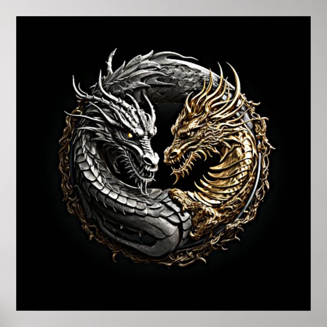Poster Dragão Yin Yang Art Dourado e prata (Frente)