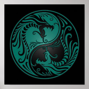 Pôster Dragões azuis e pretos da cerceta de Yin Yang