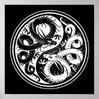 Dragões Chineses de Yin Yang, branco e preto