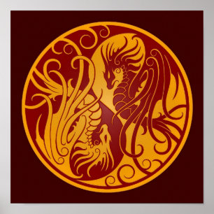 Pôster Dragões de voo amarelos e vermelhos de Yin Yang