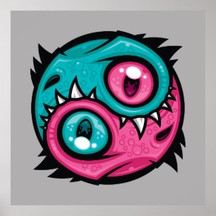 Poster Dragões Yin Yang Rosa e Turquesa