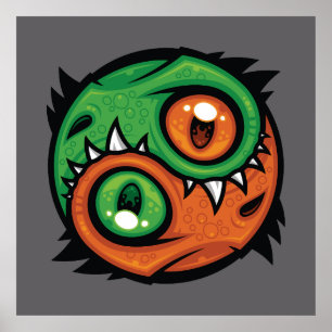 Poster Dragões Yin Yang Verde e Laranja