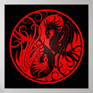 Poster Dragões Yin Yang, Voadores Vermelhos e Negros