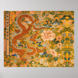 Poster DRAGON AMONG PEONIES,FLOWERS,GREEN LEAVES Floral