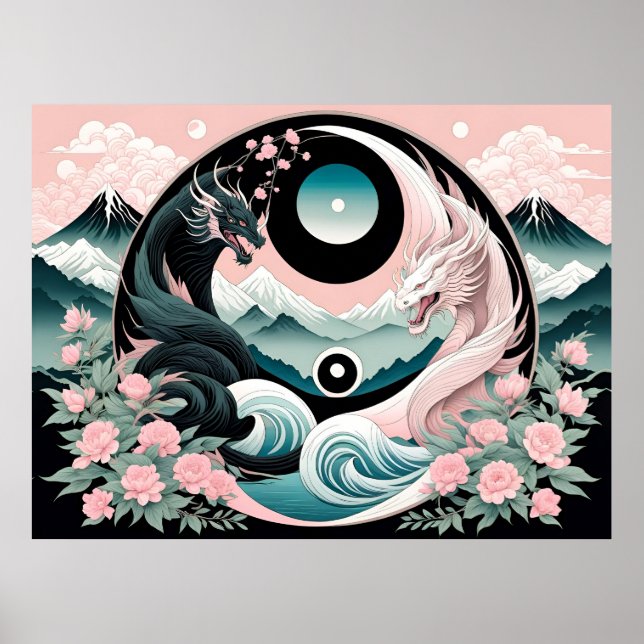 Poster Dragon Floral Mountain Pink Sage Teal (Frente)