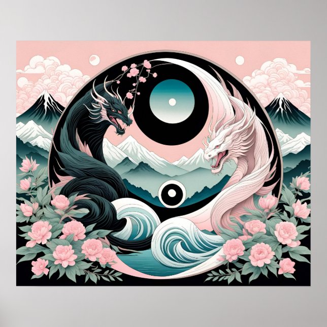 Poster Dragon Floral Mountain Pink Sage Teal (Frente)