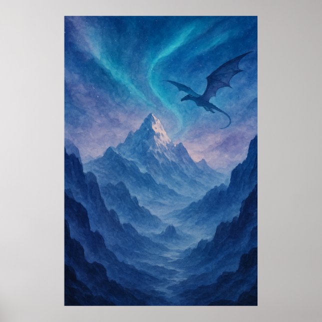 Poster Dragon Over Frozen Mountains – Epic Blue Fantasy (Frente)
