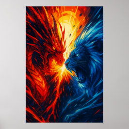 Poster Dragon vs Lion Wall Art – Fire and Ice Clash