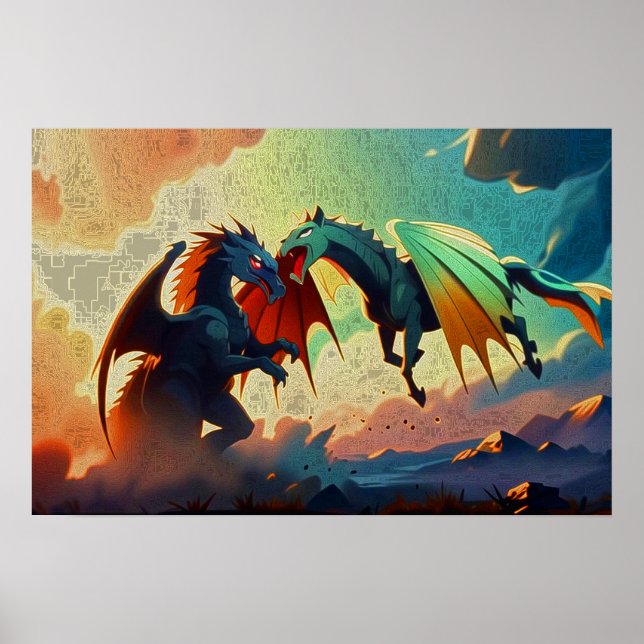Poster Dragon vs Pegasus - Fantasy Art (Frente)