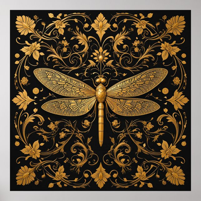 Poster Dragonfly de Ouro refinada com Arte Floral (Frente)