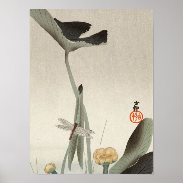 Poster Dragonfly e Lotus, 1920 por Ohara Koson (Frente)