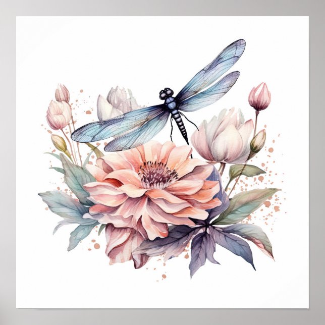 Poster Dragonfly & Flowers de Aquarela (Frente)