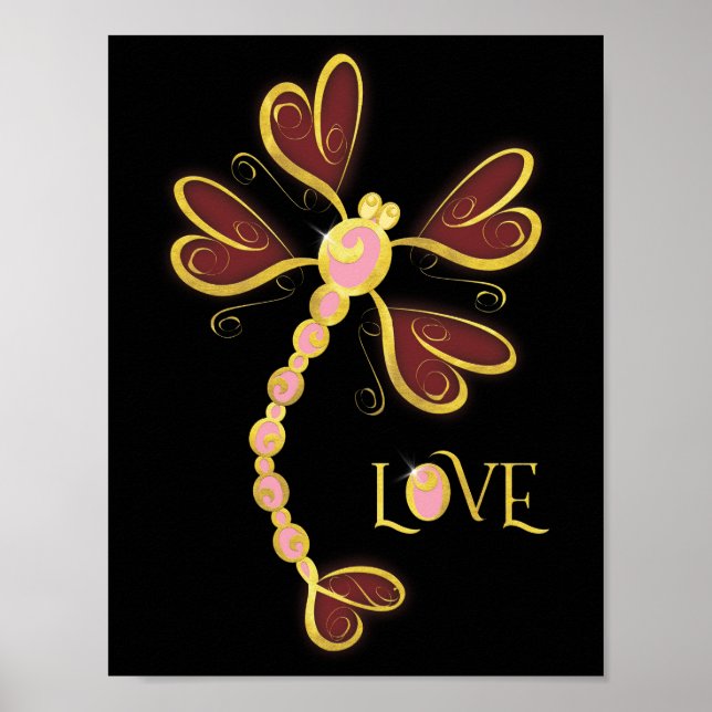 Pôster Dragonfly "Love" Gold bonito design (Frente)