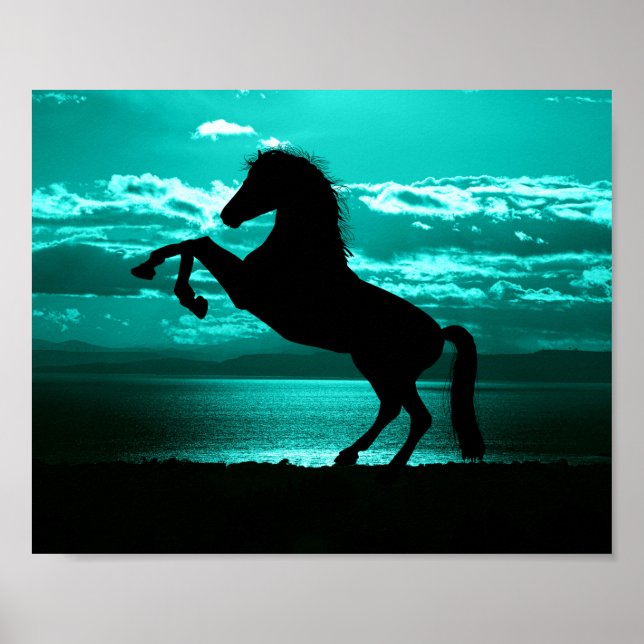 Poster Dramatic Black Horse Teal Sky Peaceful  (Frente)