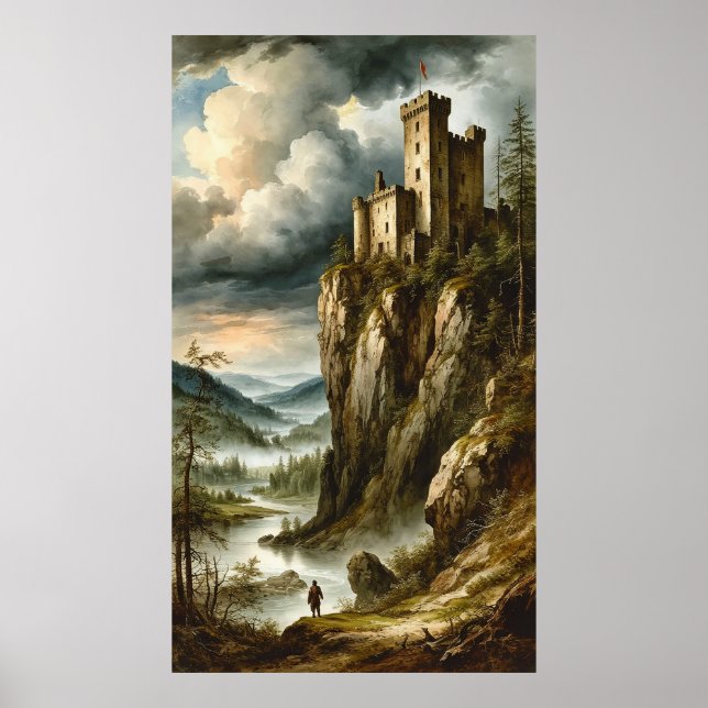 Poster 🏰🌫️ Dramatic Medieval Cliff Castle Stormscape 🌄 (Frente)