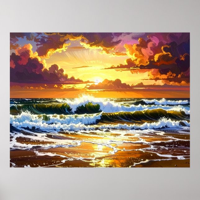 Poster Dramatic Ocean Waves on the Beach Sunset Art (Frente)