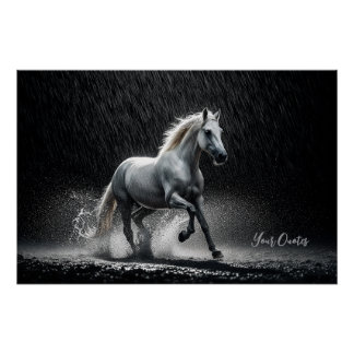 Pôster Dramatic White Horse Galloping in Rain