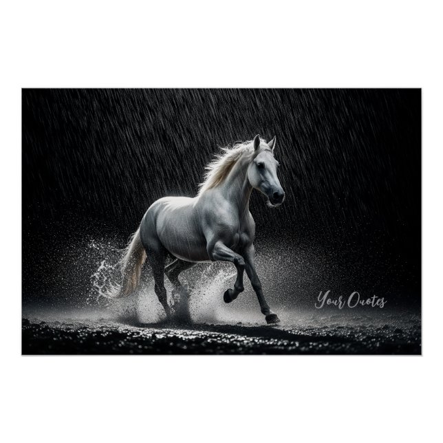 Pôster Dramatic White Horse Galloping in Rain (Frente)